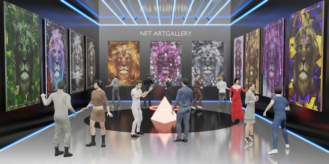 640 nft galerie umění na metaverse avatarových nohách nftprojects 3D ilustrace